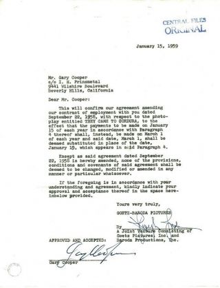 Rare Gary Cooper Signed Document - 1959