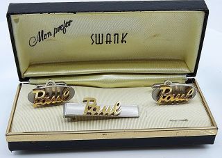 Paul Name Vintage Cufflinks Tie Clip Bar Set Swank Nos Box 1950s