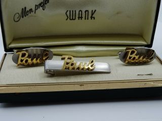 PAUL Name Vintage Cufflinks Tie Clip Bar Set Swank NOS Box 1950s 2