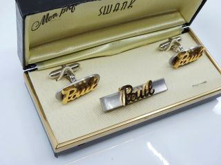 PAUL Name Vintage Cufflinks Tie Clip Bar Set Swank NOS Box 1950s 3