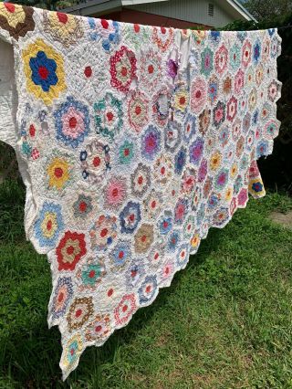 Vintage 87 X 71” Hand Stitched Cutter Grandmothers Flower Garden Quilt Project