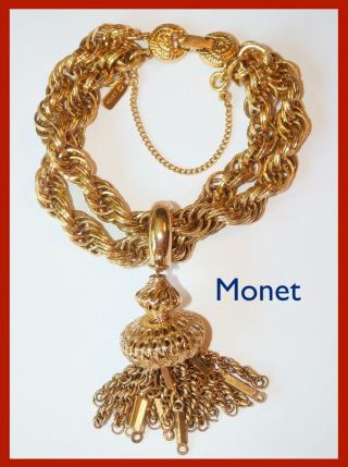 60s Monet Damita Gold Tone Tassel Bracelet Chunky Double Rope Chain Euc Vintage