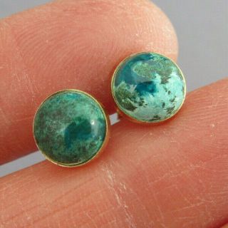 VINTAGE OLD PAWN 14K YELLOW GOLD ROUND CABOCHON TURQUOISE PIERCED STUD EARRINGS 2
