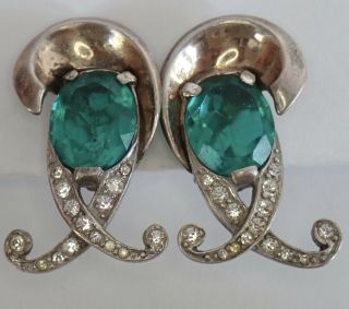 Vtg Marcel Boucher Sterling Silver Emerald Crystal Rhinestone Flower Earrings