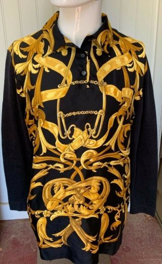 Vtg Hermes Paris Womens Blouse Xl Equestrian Gold Chain Silk Cashmere Blend Rare