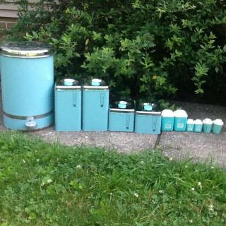 Vintage Mid Century Turquoise Canister Set Lincoln Beauty Ware Chrome Lids 2