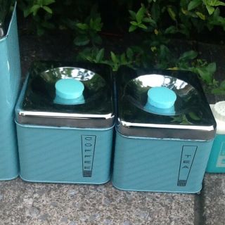 Vintage Mid Century Turquoise Canister Set Lincoln Beauty Ware Chrome Lids 7