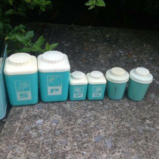Vintage Mid Century Turquoise Canister Set Lincoln Beauty Ware Chrome Lids 8