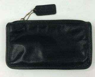 Coach Vintage Black Leather Cosmetic Case Zippered Clutch Purse Striped 7165