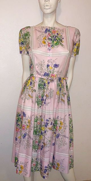 Vintage 1950s L’aiglon Pink Wildflowers Print Sheer Cotton Day Dress M/l