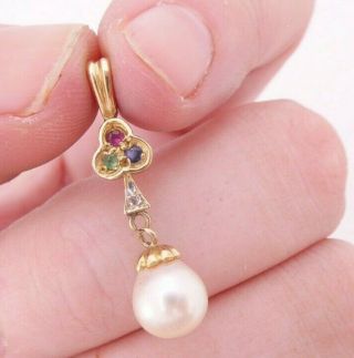 9ct Gold Diamond,  Ruby,  Emerald,  Sapphire & Cultured Pearl Pendant,  9k 375