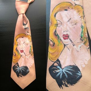 “femme Fatale” Peach Hand - Painted Tie Vtg 1940s Pinup Blonde Smoking Smoker