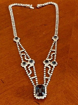 Vintage Hobe Sapphire Blue & Clear Rhinestone Necklace