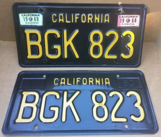 Rare Pair 1963 Dmv Clear - (california) - Bgk 823 License Plate - 1968 & 1969 Tag