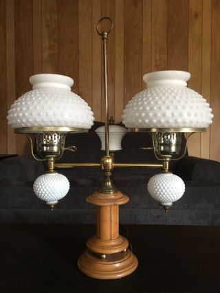 Vintage White Hobnail Milk Glass Double Light Student Table Lamp