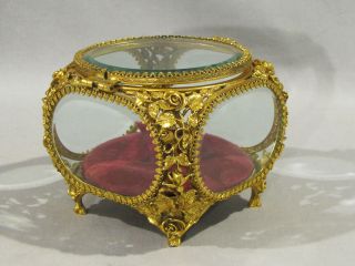 Vintage Matson Style Beveled Glass Gold Ormolu Jewelry Casket Box