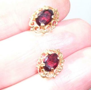 Gorgeous Large Antique Filigree Solid 9ct Gold Oval Cut Garnet Stud Earrings