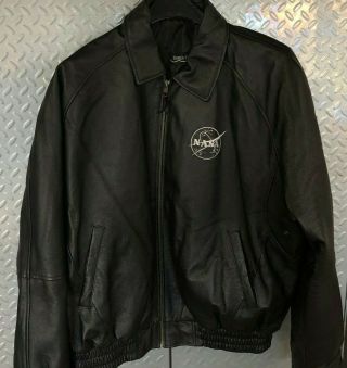 Vintage Black Leather Nasa Engineers Bomber Coat / Jacket Size Xl Kennedy Space