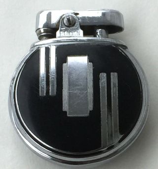 Vintage Art Deco Era Ronson Rondette Round Pocket Lighter Black Enamel & Chrome