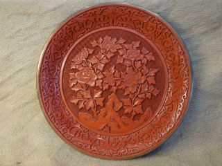 Vintage Oriental Chinese Intricately Carved Red Cinnabar Dish 12 " Diameter