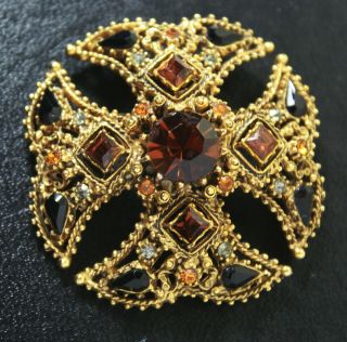 Vintage Florenza Jeweled Large Maltese Cross Gold Tone Brooch Pin