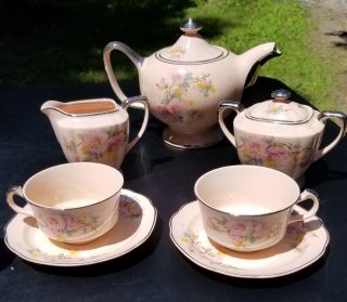 Vtg Pink,  Floral Tea Pot Sugar Creamer Cups Saucer,  Set Crooksville China Quadro