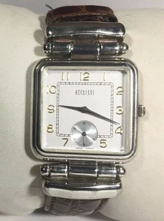Ecclissi Watch 925 Sterling Silver Case White Face Brown Band Second Subdial