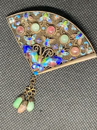 Antique Chinese Silver Filigree Enamel Cloisonne Butterfly Jade Fan Pin Brooch 2