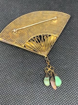 Antique Chinese Silver Filigree Enamel Cloisonne Butterfly Jade Fan Pin Brooch 5