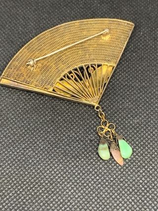 Antique Chinese Silver Filigree Enamel Cloisonne Butterfly Jade Fan Pin Brooch 7
