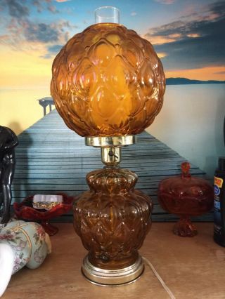 Vintage Amber Glass Lamp Gone With The Wind Hurricane Parlor Table 3 Way Lamp