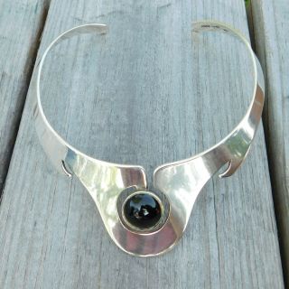 Vintage Modernist Taxco 925 Sterling Silver Onyx Choker Collar Necklace