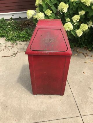 Vintage United Square Pyramid Flip Top Red Trash Can Push Doors Garage Gas Stati