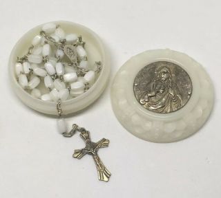 Vtg Roma Cross Pendant On White Rosary Beads & Jesus Medallion Storage Box Italy