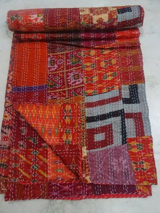 Indian Patchwork Silk Patola Handmade Kantha Quilt Bedding Bedspread Vintage