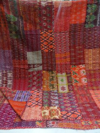 Indian patchwork silk patola handmade kantha quilt bedding bedspread vintage 5