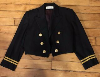 Vintage Christian Dior Navy Wool Cropped Military Blazer Jacket Gold