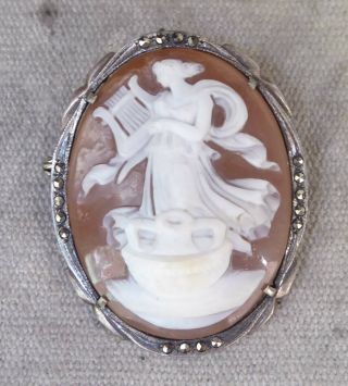 Vintage Hand Carved Cameo 800 Sterling Silver Pin Brooch Pendant