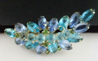 Lovely Vintage Juliana? Marquis Rhinestone Flower Pin Brooch Aqua Blue & Green