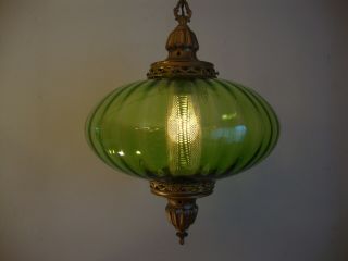 Vintage Mid Century Modern Retro Green Glass Swag Hanging Lamp/light W/13 
