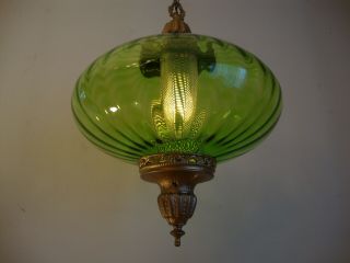 Vintage Mid Century Modern Retro Green Glass Swag Hanging Lamp/Light w/13 ' Chain 2