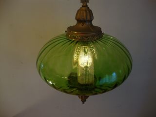 Vintage Mid Century Modern Retro Green Glass Swag Hanging Lamp/Light w/13 ' Chain 3