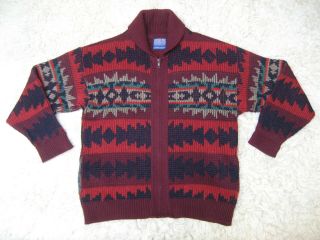 Vintage Pendleton Wool Indian Blanket Print Full Zip Cardigan Sweater Men 
