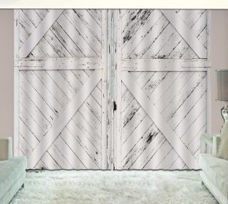 3D Vintage Wooden Rustic Farmhouse Barn Door Window Curtains Blockout Fabric Hot 2