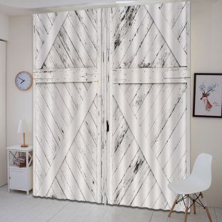 3D Vintage Wooden Rustic Farmhouse Barn Door Window Curtains Blockout Fabric Hot 3