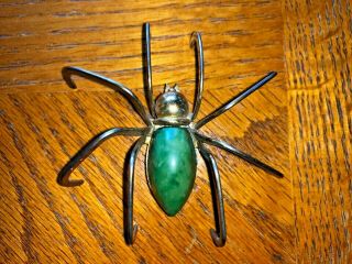 Vintage Yellow Gold Tone Spider Pin Brooch,  Large Green Jade Body Art Deco 2.  5 "