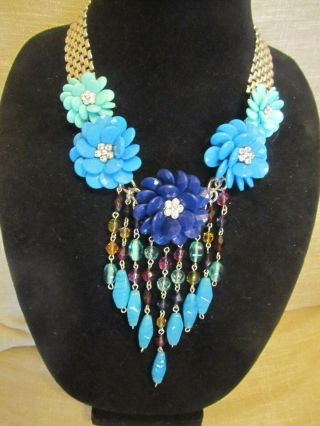 Vintage Monet & Flower Beaded Statement Necklace - Repurposed - Ooak