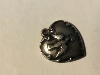 Vintage Sterling Puffed Heart Shaped Charm With Embossed Dove In Flight