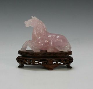 Vintage Chinese Export Carved Pink Rose Quartz Recumbent Horse Figurine Nr Sjs
