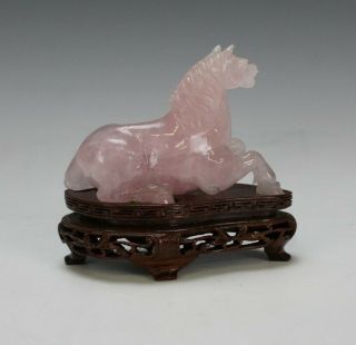 Vintage Chinese Export Carved Pink Rose Quartz Recumbent Horse Figurine NR SJS 3